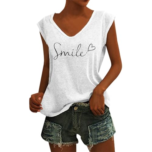 Damen T Shirt Kurzarm V-Ausschnitt Flügelärmeln Locker Tank Top Smile Bedrucken Shirts Sport T-Shirts Oberteil Longtops Elegant Bluse Sommer Tshirts Basic Blusen von Jabidoos