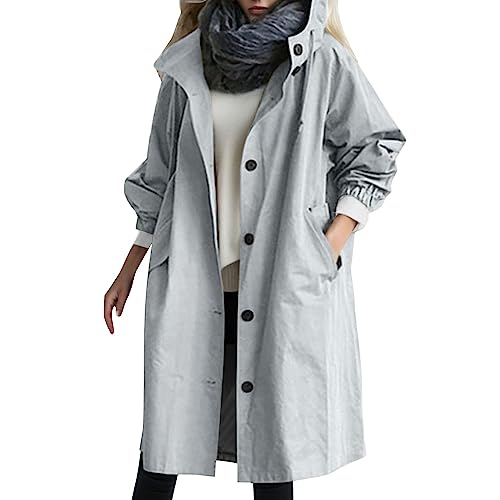 Herbstmantel Damen,Damen Trenchcoat Lang - Regenmantel Übergangsmantel Herbst Ultraleicht Mit Taschen Und Knöpfen Jacke Outwear Windbreaker Leicht Kapuzenjacket von Jabidoos