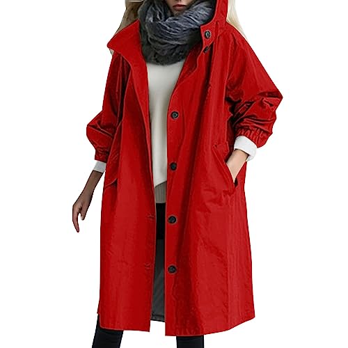 Herbstmantel Damen,Damen Trenchcoat Lang - Regenmantel Übergangsmantel Herbst Ultraleicht Mit Taschen Und Knöpfen Jacke Outwear Windbreaker Leicht Kapuzenjacket von Jabidoos