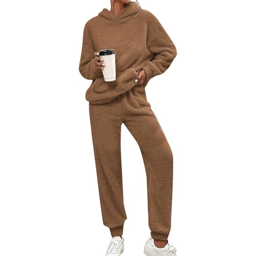 Jogginganzug Damen, Pyjama Damen Herbst Zweiteiler Jumpsuit - Teddyfleece Overall Frauen Kuschelanzug Flanell Damenschlafanzug Kuschel Elegant Hausanzug Kuschelig Langarm Lounge Sets Strickpullover von Jabidoos