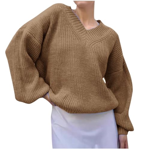 Kaschmir Pullover Damen, Strickpulli Damen, Strickpullover Damen Einfarbig Pullover - Laternenärmel Rundhals Langarmshirt Casual Lose Winterpullover Herbst Elegant Pulli Langarm Sweatshirts von Jabidoos