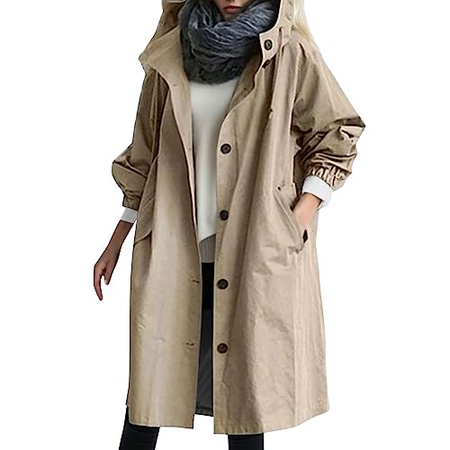 Longjacke Damen Übergang,Damen Trenchcoat Lang - Regenmantel Übergangsmantel Herbst Ultraleicht Mit Taschen Und Knöpfen Jacke Outwear Windbreaker Leicht Kapuzenjacket von Jabidoos