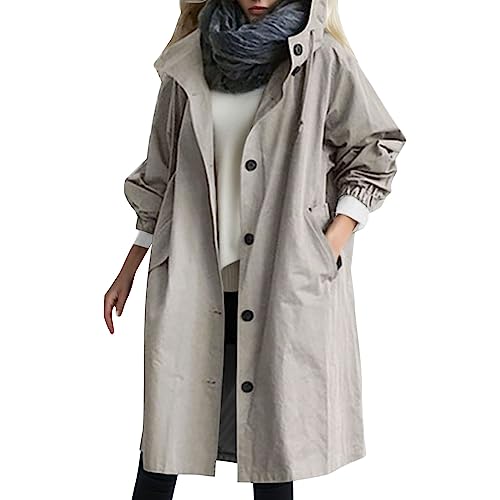 Longjacke Damen Übergang,Damen Trenchcoat Lang - Regenmantel Übergangsmantel Herbst Ultraleicht Mit Taschen Und Knöpfen Jacke Outwear Windbreaker Leicht Kapuzenjacket von Jabidoos