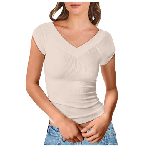 Oversize Shirt Damen Kurzarm Elegant T-Shirt Damenblusen Teenager Mädchen Sommer Lässig Bluse Oberteile V-Ausschnitt Casual Lose Tunika Tops Tshirt von Jabidoos