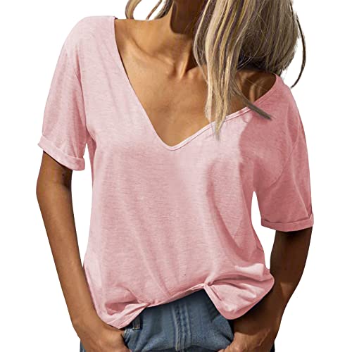 Oversize Shirt Damen Lose Casual Bluse T Shirt V-Ausschnitt Elegant Sommer Oberteile Tunika Tops Kurzarm Lässig Schön T-Shirt Tshirt von Jabidoos