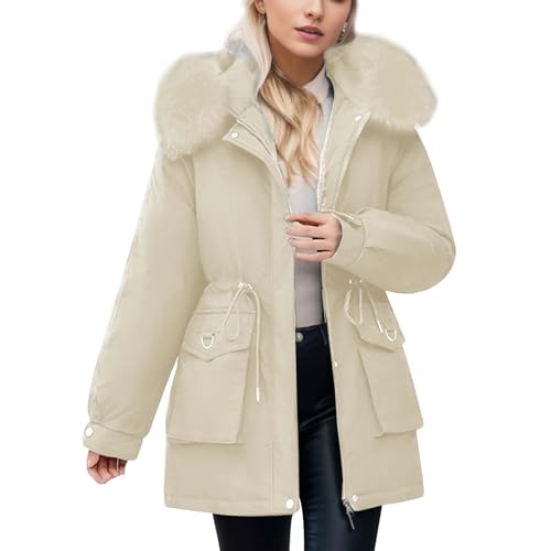 Parka Damen, Winterjacke Damen Gefüttert Mit Fellkapuze Parka - Plüschjacke Flauschige Mantel Elegant Herbstjacke Mädchen Funktionsparka Outdoor Jacke Kapuzenjacke von Jabidoos