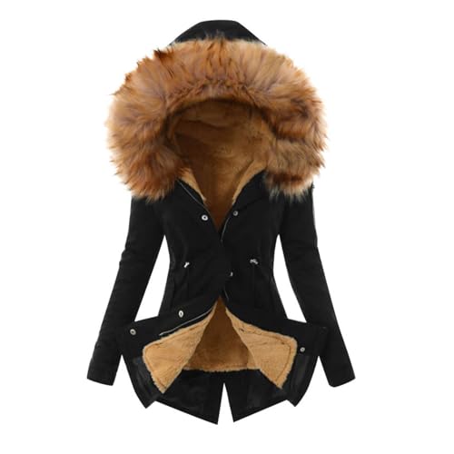 Parka Damen, Wintermantel Damen Lang Warme Jacke - Daunenjacke Elegante Mantel Kapuze Frauen Übergangsjacke Warm Kurz Winterjacke Dickere Slim Fit Parka Reißverschluss Mit Fellkapuze von Jabidoos