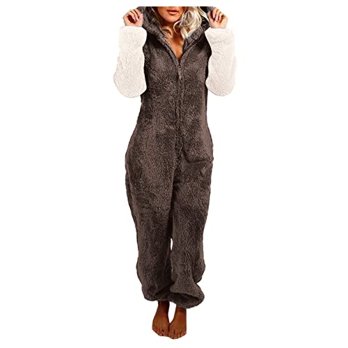 Schlafanzug Damen, Schlafanzug Damen Elegant Flanell Pyjama - Jumpsuit Frauen Schlafanzughosen Herbst Overall Warmer Fleece Hausanzug Kuschelig Warm Loungewear Flauschig Set Polar Pjs Revers Nachtw von Jabidoos