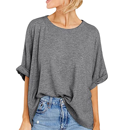 Tshirt Damen Sommer Oversize Kurzarm Bluse Rundhals Locker Elegant Oberteile Casual Tunika Top Einfarbig Basic Lose Tee Shirt Mädchen Klamotten Kurzarmbluse von Jabidoos