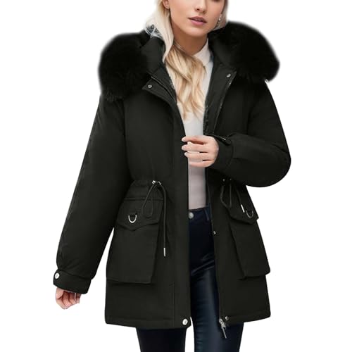 Winterjacke Damen lang, Winterjacke Damen Gefüttert Mit Fellkapuze Parka - Plüschjacke Flauschige Mantel Elegant Herbstjacke Mädchen Funktionsparka Outdoor Jacke Kapuzenjacke von Jabidoos