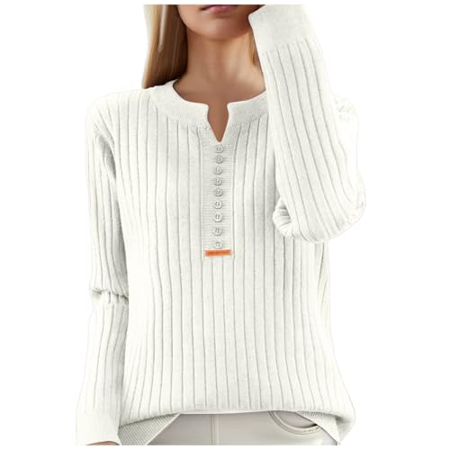 Winterpullover Damen, Strickpullover Damen Einfarbig Pullover - V-Ausschnitt Mit Geknöpft Langarmshirt Casual Lose Winterpullover Herbst Elegant Pulli Langarm Sweatshirts von Jabidoos