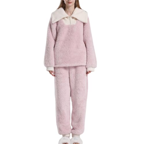 Zweiteiler Damen Herbst, Hausanzug Damen Warmer Winter Jumpsuit - Jogginganzug Outfit Flauschig Schlafanzughosen Mädchen Frauen Flanell Pyjama Set, Kuschelig Mit Reißverschluss Warm Nachtwäsche Zwe von Jabidoos