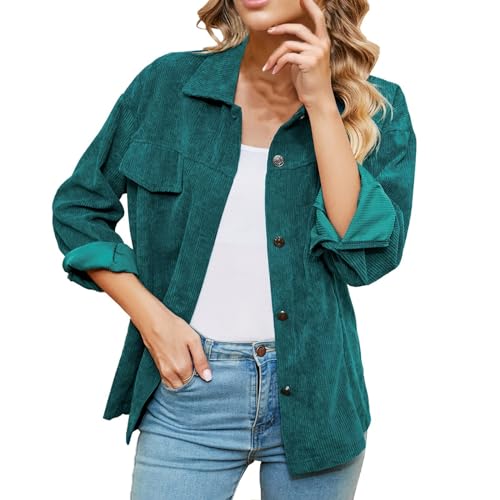 cord jacke damen, Cordhemd Damen Gefüttert Hemdjacke - Shirtjacke Cord Flanellhemd Oversize Longbluse Tasche Cordjacke Streetwear Jacke V-Ausschnitt Kurz Button Down Langarmshirt Lässiges Corduroy Fre von Jabidoos