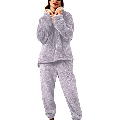 damen pijamas set, Jumpsuit Damen Zweiteiler Flanell Hausanzug - Overall Schlafanzughosen Mädchen Pyjama Herbst Damenschlafanzug Warmer Thermo Lang Fleece Kuschelig Warm Set Flauschig Freizeitanzug Po von Jabidoos