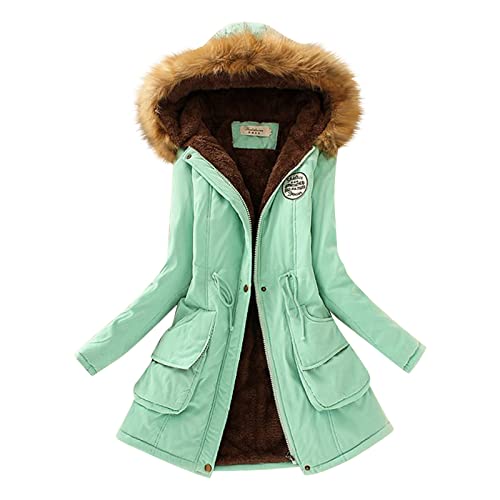 damen wintermantel, Jacke Damen Lang Mit Fellkapuze Parka - Winterparker Warm Elegant Jacket Winter Puffer Gefütterte Winterparka Tunika Fleecejacke Schmale Outdoor-Plüschjacke Lässig Dicker Steppmant von Jabidoos