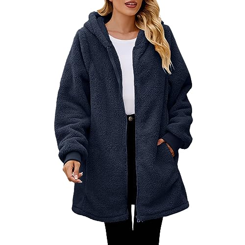 fleecejacke damen lang, Plüschjacke Damen Teddy Gefüttert Teddyfleece Jacke - Sweatjacke Sherpa Kapuzenjacke Warm Cordjacke Plüsch Übergangsjacke Teddyfutter Elegant Einfarbig Große Größen Kapuzenpull von Jabidoos