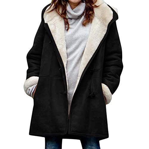 fleecemantel damen, Winterjacke Damen Lang Fleecejacke Gefüttert Wildleder Wintermantel - Lose Winterparka Winter Warm Flauschige Jacke Cardigan Outwear Einfarbig Kapuzenjacke Mit Kapuze Und Seitentas von Jabidoos