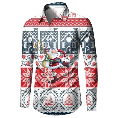 hemd weihnachten herren, Weihnachtshemd Herren Baumwolle Weihnachts Hemd Weihnachten - Weihnachtsshirt Slim Fit Stehkragenhemd Rot Herrenhemden Weihnachtskleidung Männer Christmas Print Weihnachtsmann von Jabidoos