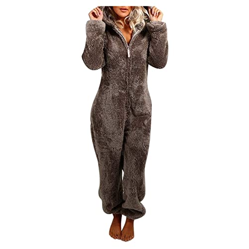 schlafanzug warm damen, Schlafanzug Damen Flanell Warmer Hausanzug - Hausmantel Baumwolle Jumpsuit Zweiteiler Jogginganzug Herbst Outfit Flauschig Pyjama Set, Kuschelig Mit Reißverschluss Warm Nachtwä von Jabidoos