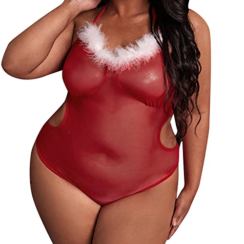 weihnachtskleid damen sexy, Weihnachtskleidung Frauen Babydoll Spitze Weihnachtskostüm - Weihnachtsdessous Weihnachten Unterwäsche Rot Kleid Bodydoll Dessou Erotisch Kapuze Christmas Lingerie Rückenfr von Jabidoos