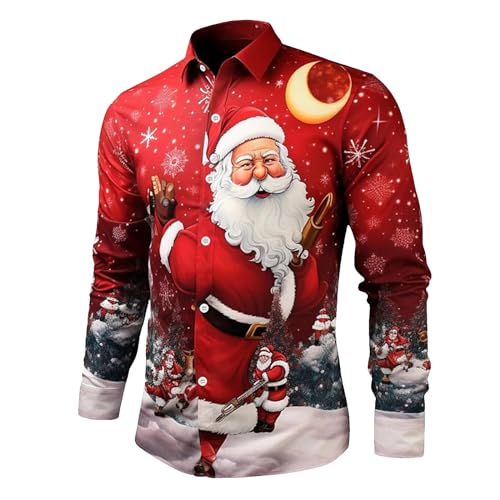 weihnachtsoutfit Herren, Hemd Weihnachten Herren Langarm Hemden - Freizeithemden Weihnachts Stehkragenhemd Männer Lustig Rot 3D Druck Freizeithemd Knöpfbar Stehkragen Xmas Shirt von Jabidoos