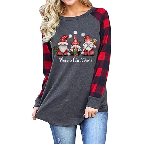 weihnachtspulli Damen, Damen Weihnachtspullover Lustig Lang Christmas Sweatshirt - Baumwolle Gitter Rundhals Oversized Langarmshirt Rotwein Glas Druck weihnachtskleid Pulli Tops Pullover von Jabidoos