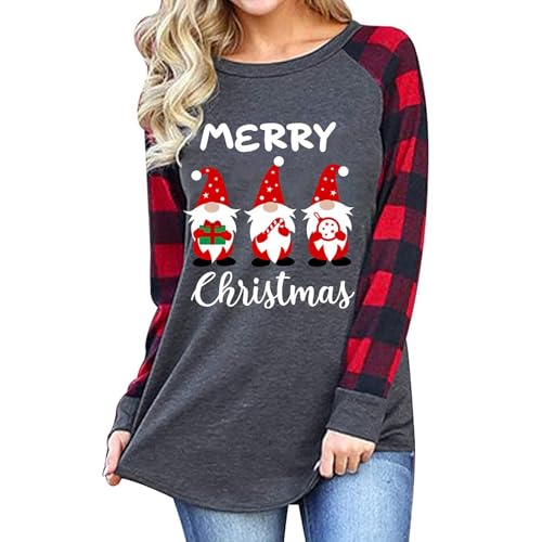 weihnachtspulli Kinder, Damen Weihnachtspullover Lustig Lang Christmas Sweatshirt - Baumwolle Gitter Rundhals Oversized Langarmshirt Rotwein Glas Druck weihnachtskleid Pulli Tops Pullover von Jabidoos