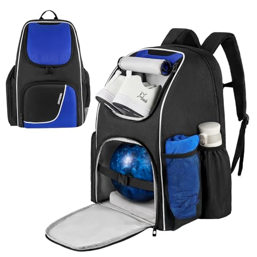 Jaffzora Bowling-Rucksack, Bowlingball-Tasche für Einzelball und Bowling-Zubehör, passend für EIN Paar Bowlingschuhe bis Größe 44 für Herren, schwarz und blau von Jaffzora