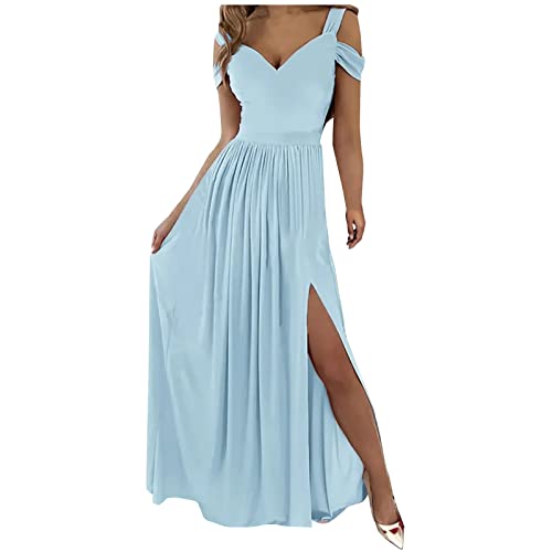 Jaihank Abendkleid Damen Kleider Einfarbiges Cocktailkleid Ärmelloses Ballkleid mit Spitzennähten Partykleid Kleid in A-Linie Swingkleid Schlitz Bodenlanges Maxikleid, XXL, Z1-himmelblau von Jaihank