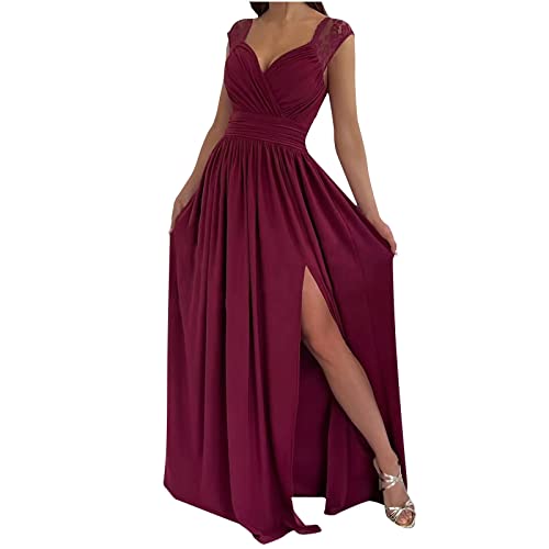 Jaihank Abendkleid Damen Kleider Einfarbiges Cocktailkleid Ärmelloses Ballkleid mit V-Ausschnitt Spitzennähten Partykleid Kleid in A-Linie Swingkleid Schlitz Bodenlanges Maxikleid, Wein, XXL von Jaihank