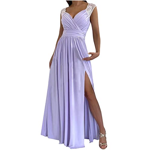 Jaihank Abendkleid Damen Kleider Elegantes Einfarbiges Cocktailkleid Ärmelloses Ballkleid V-Ausschnitt Sexy Spitzennähten Partykleid in A-Linie Swingkleid Schlitz Bodenlanges Maxikleid Violett S von Jaihank