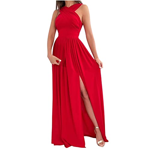 Jaihank Abendkleid Damen Kleider Elegantes Einfarbiges Cocktailkleid Ärmelloses Ballkleid mit V-Ausschnitt Sexy Spitzennähten Partykleid Kleid in A-Linie Swingkleid mit Schlitz Bodenlanges Maxikleid von Jaihank