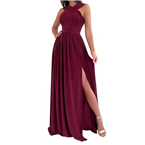 Jaihank Abendkleid Damen Kleider Elegantes Einfarbiges Cocktailkleid Ärmelloses Ballkleid mit V-Ausschnitt Sexy Spitzennähten Partykleid Kleid in A-Linie Swingkleid mit Schlitz Bodenlanges Maxikleid von Jaihank