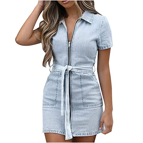 Jaihank Denim Sommerkleid Damen Kleider Sexy Einfarbiges Jeanskleid Kurzärmliges Blusenkleid mit Revers Lockeres Hemdkleid mit Reißverschluss Freizeitkleid mit Tasche Minikleid mit Gürtel Strandkleid von Jaihank