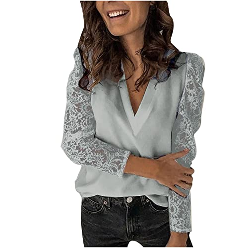 Jaihank Spitze Bluse Damen Elegant Pullover Tops Weiß Langarmshirt Klassischer Schnitt Tunika Blusen Shirt mit Stehkragen Mode Business Pulli Oberteile V-Ausschnitt Tunic Tshirt mit Full Button Up von Jaihank