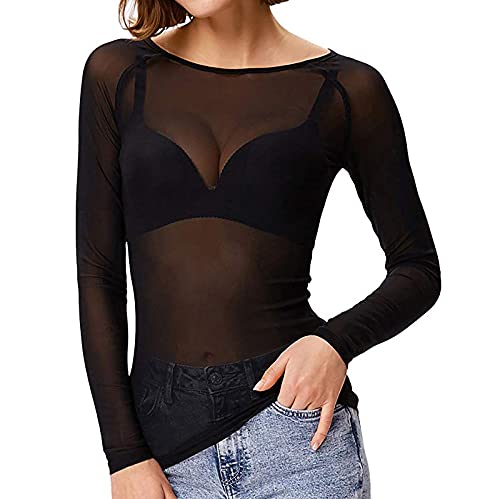 Mesh Oberteile Damen Durchsichtiges Langarmshirt Rundhals Langarm Tops Schmales Shirts ohne BH Einfarbig Elegant T-Shirt Durchsichtiges Netz Blusentop Mode Sexy Pullover Leichter Tunika Top von Jaihank