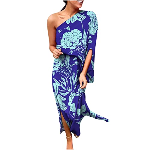 Sommerkleid Damen Sexy One Shoulder Langes Kleid Hoher Taille Kleider in A-Linie Ärmellos Schulterfrei Strandkleid Partykleid mit Schlitz Mode Blumendruck Freizeitkleid Knöchellanges Maxikleid von Jaihank