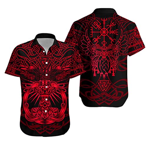 Jane Aigle Herren Casual Shirt Sommer Mode Kurzarm Hemden Roter Wikinger Mjolnir Raven 3D Gedrucktes Hawaiihemd von Jane Aigle
