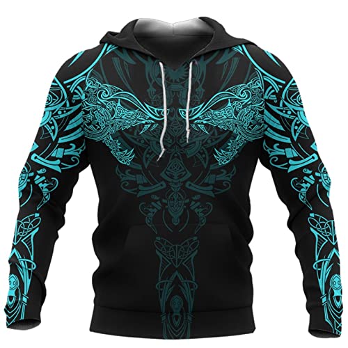 Jane Aigle Viking Wolf Türkis Muster 3D Gedruckt Unisex Langarm Hoodie Sweatshirt Pullover Casual Trainingsanzug Mit Kordelzugtaschen von Jane Aigle