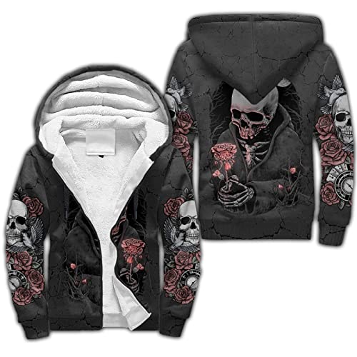 Jane Aigle Winter Dicker Reißverschluss Hoodie Reaper Totenkopf Und Dunkel Satanisch Gedruckt Großformatige Hoodies Casual Kapuze Trainingsanzug Warme Fleece Jacke Sweatshirts von Jane Aigle