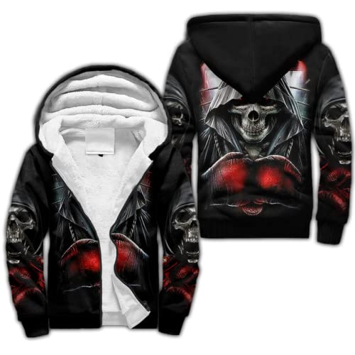 Jane Aigle Winter Dicker Reißverschluss Hoodie Reaper Totenkopf Und Dunkel Satanisch Gedruckt Großformatige Hoodies Casual Kapuze Trainingsanzug Warme Fleece Jacke Sweatshirts von Jane Aigle