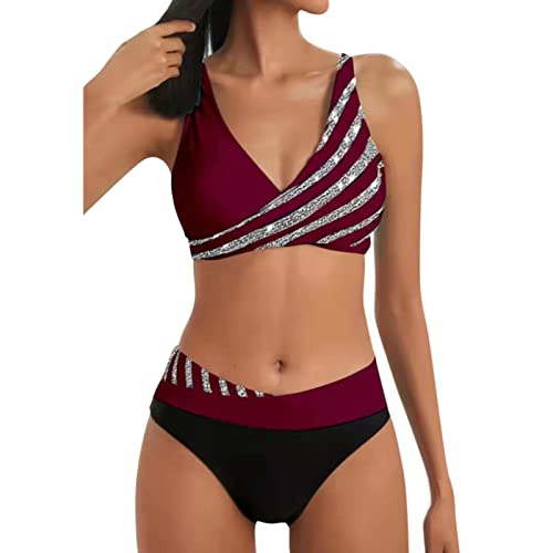 Jaskdconsy Bikini Damen Große Brüste Bauchweg Badeanzug Push Up Sexy V Ausschnitt überkreuztes Sport Bikini-Sets für Damen Glänzend Farbblock Bademode Schwimmanzug Zweiteilige Bademode Swimsuit von Jaskdconsy