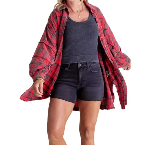 Flannel Shirt Women, Womens Flannel Shirts Long Sleeve, Oversized Flannel Shirts for Women, Womens Plaid Jacket (Red,XXX-Large) von Jeeeun