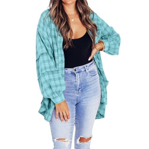 Flannel Shirt Women, Womens Plaid Shirt, Plaid Shacket Women, Womens Plaid Button Down Shirts with Pockets (Blue,Medium) von Jeeeun