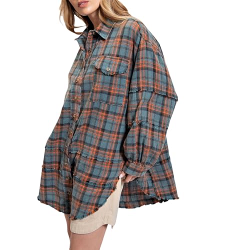 Flannel Shirt Women, Womens Plaid Shirt, Plaid Shacket Women, Womens Plaid Button Down Shirts with Pockets (Green,Medium) von Jeeeun