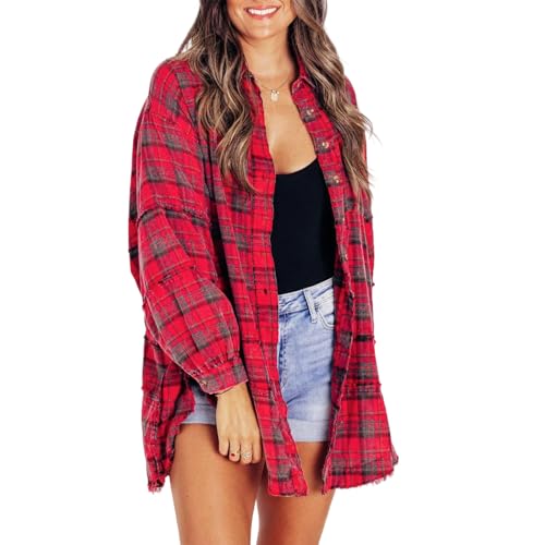 Flannel Shirt Women, Womens Plaid Shirt, Plaid Shacket Women, Womens Plaid Button Down Shirts with Pockets (Red,X-Large) von Jeeeun