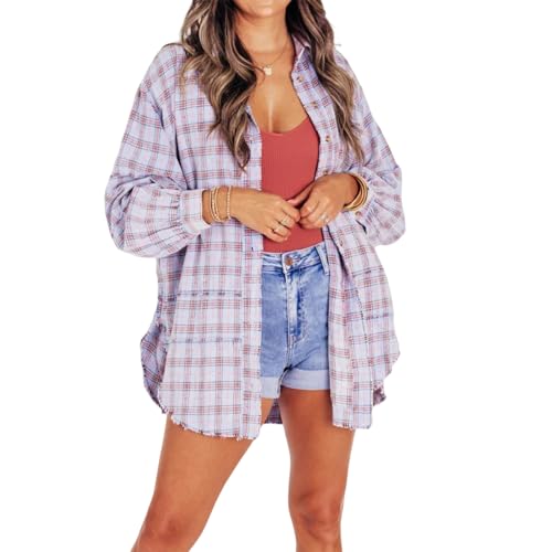 Jeeeun Oversized Flannel for Woman, Flannel Shirt Women, Womens Flannel Shirt, Oversized Flannel Shirts for Women (Purple,XL) von Jeeeun