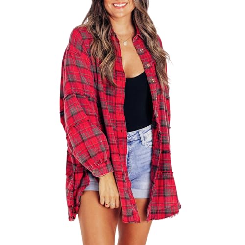 Jeeeun Oversized Flannel for Woman, Flannel Shirt Women, Womens Flannel Shirt, Oversized Flannel Shirts for Women (Red,M) von Jeeeun