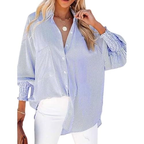 Mid-Length Shirt with Striped Lapel and Oversized Drawdown Sleeves, Blue Striped Shirt Women, Striped Shirt with Pockets for Women (Blue,Large) von Jeeeun