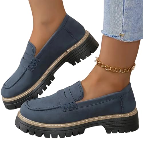 Orthoture Orthopedic Platform Loafers, Womens Platform Loafers, Womens Round Retro Toe Comfortable Slip On Sole Loafers (Dark Blue,6) von Jeeeun